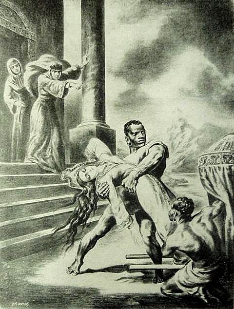 Illustrations for the anniversary edition of the Knight in the Panther’s Skin. Oil on cardboard. Black and white print version. 1937