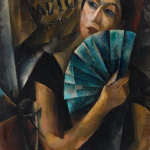 Portrait of a young woman with blue fan