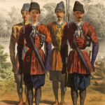 A Squad of Georgian Militia in Zakatala. colour lithograph