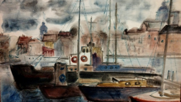 “Port of Stralsund.” 1975. Paper, watercolor. 47.5 × 65 cm.