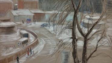 “Postplatz Square, Dresden.” Velvet paper, pastel. 47 × 59 cm.