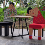 Two chairs and coffee table "In the Garden" (wood, paint, textile, metal elements, 2024; 170x140x50 cm)