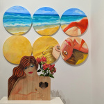 Flower Vase "With Heart" (wood, paint, plexiglas, 2026; 56x60x12 cm) and "Upside Down Thoughts" (canvas, acrylic, 2026; 6 pcs, R46 cm)