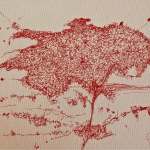 “Red Tree” (Pen on watercolor paper, 2025);